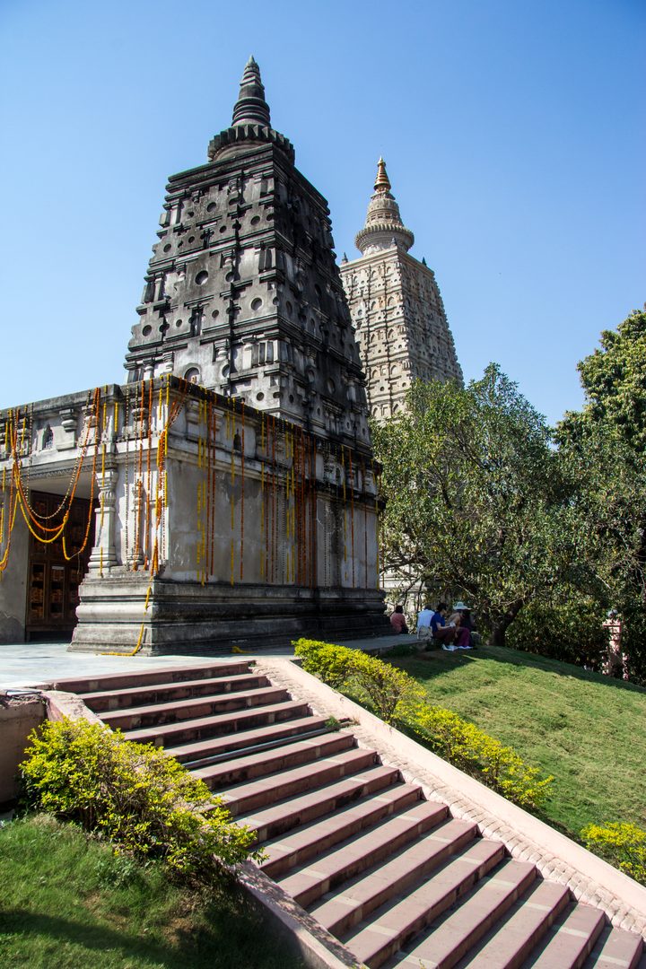 The sacred 55-meter pyramid spire of the Mahabodhi Temple marking the site of Buddha's enlightenment in Bodh Gaya, Bihar