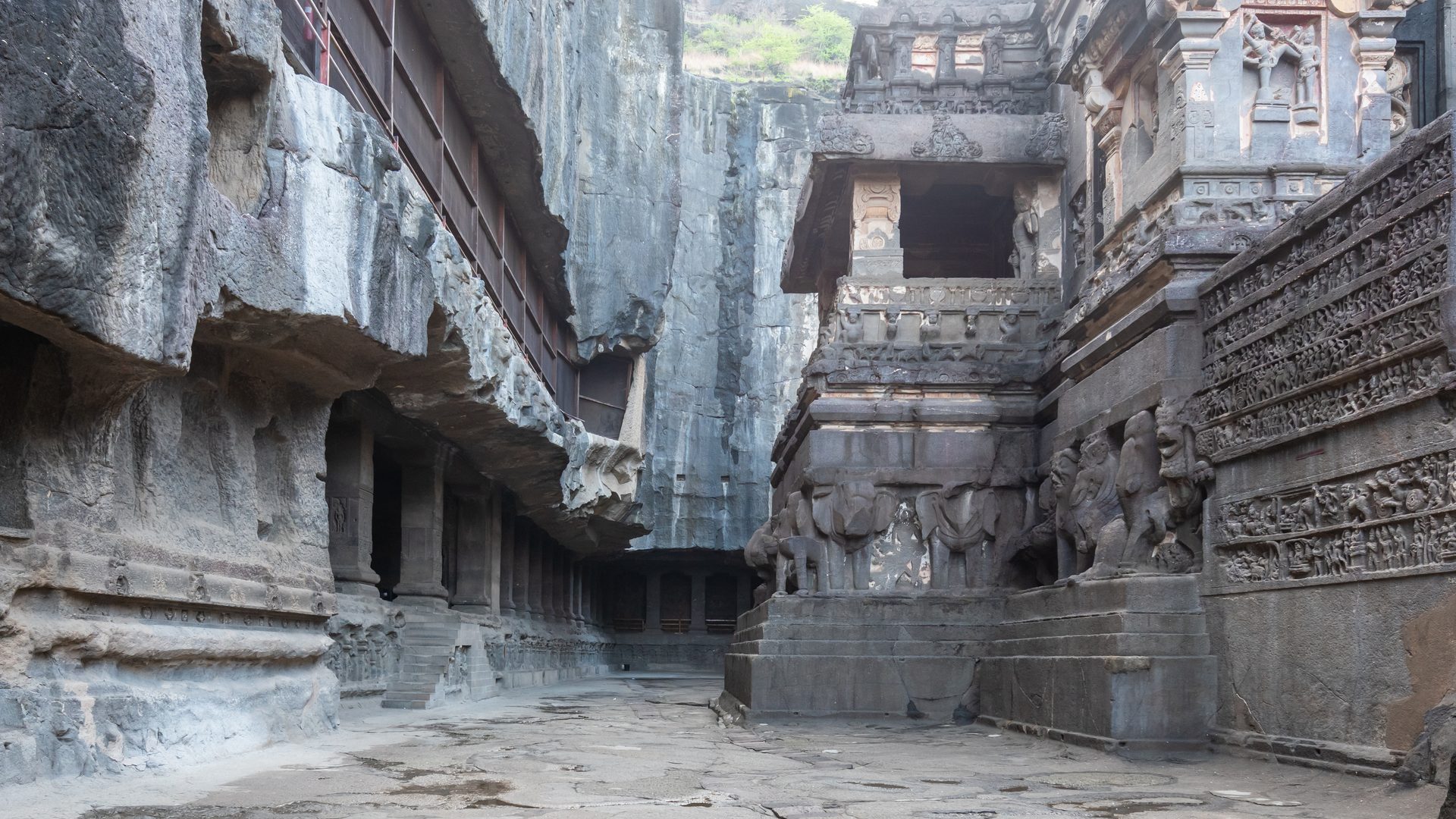 Magnificent rock-cut monolithic Kailasa temple carved from basalt at Ellora
