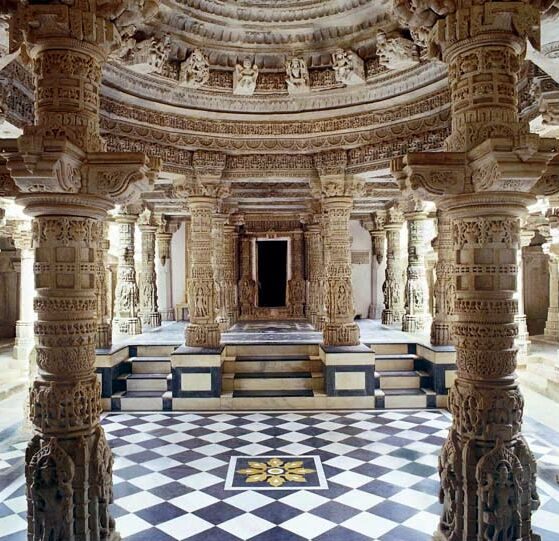 Exquisitely carved translucent white marble domes and pillars of Dilwara Jain Temple