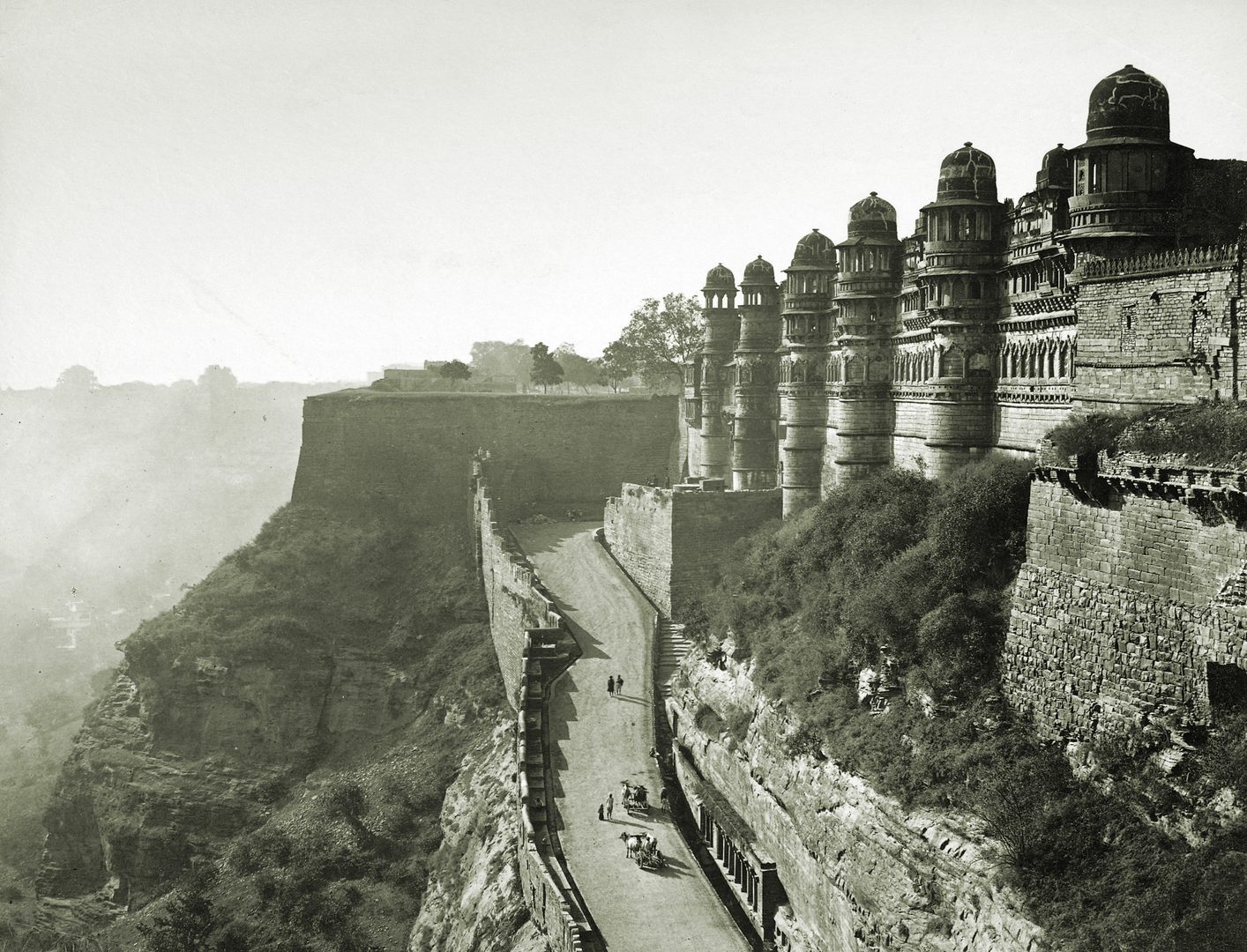 Ornate blue ceramic tiled walls and turrets of Man Mandir Palace within the hilltop Gwalior Fort