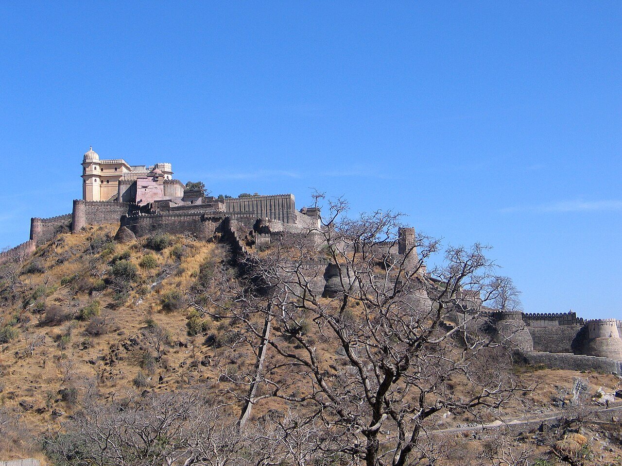 Colossal ramparts and palace of Kumbhalgarh Fort in the Aravalli hills of Rajasthan