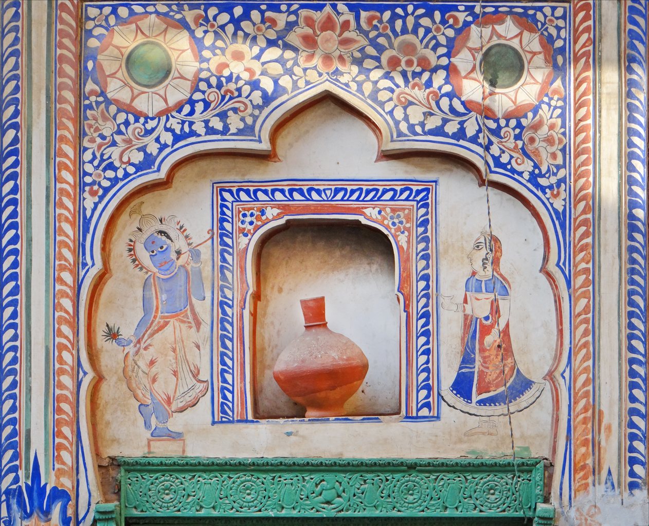 Intricately painted heritage haveli courtyard fresco murals in Shekhawati