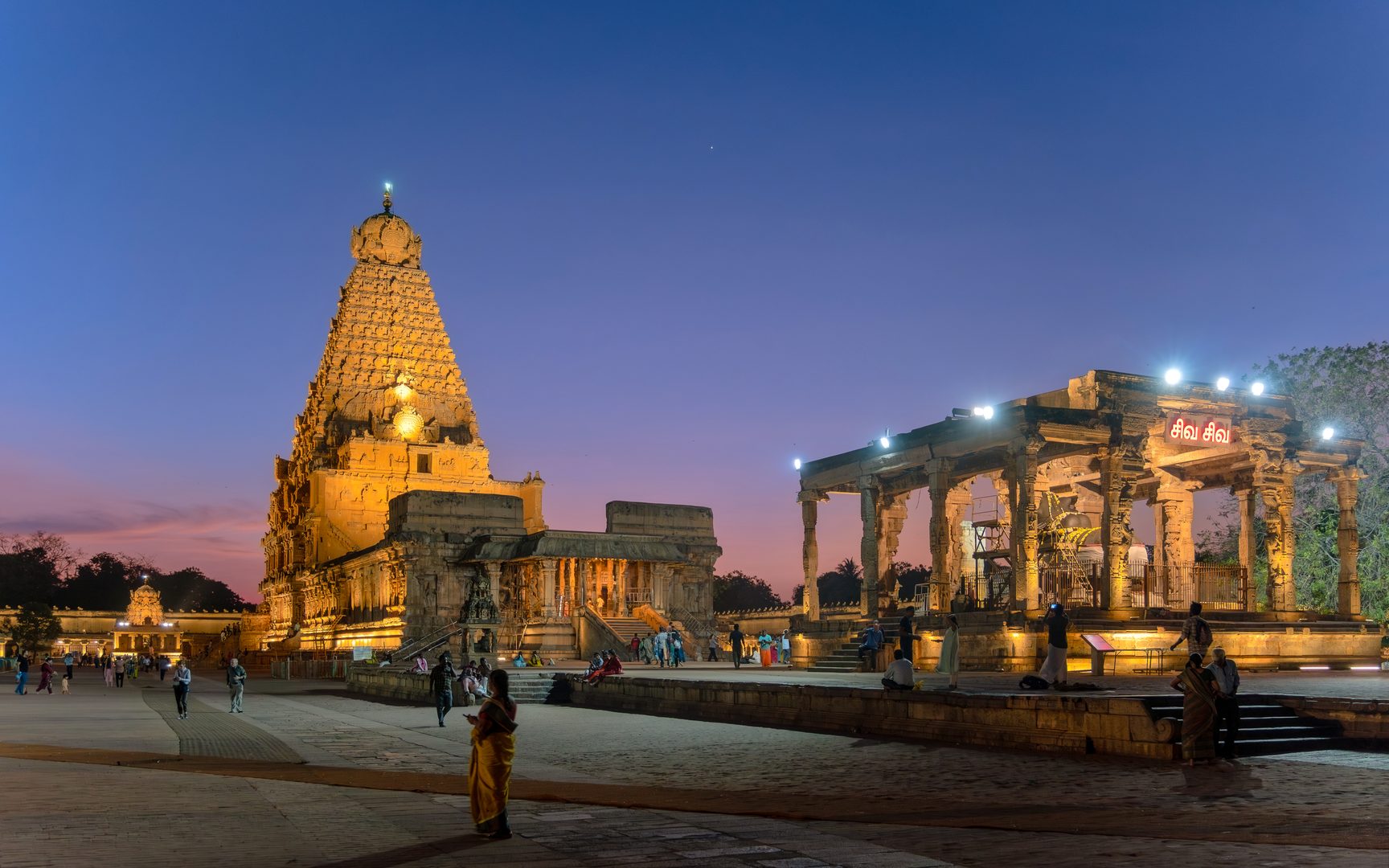 Majestic granite Brihadisvara Temple vimana tower rising over the temple courtyard in Thanjavur