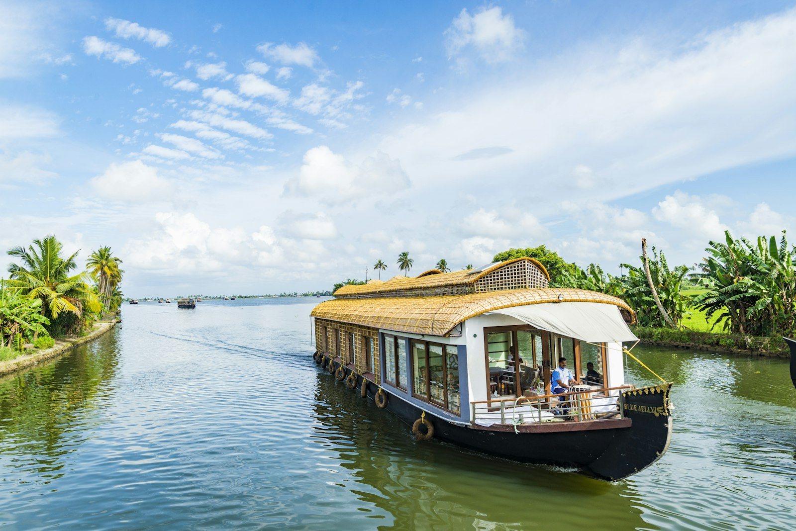A 100-oared traditional snake boat chundan vallam cutting through the emerald backwaters of Kerala during Nehru Trophy