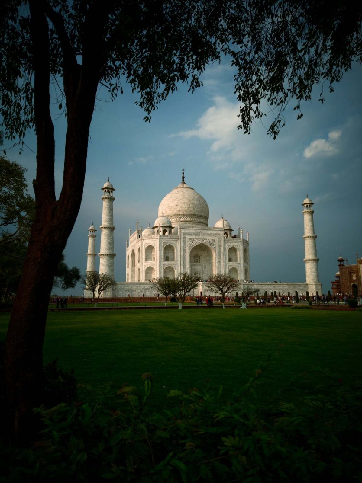 Taj Mahal white marble domes and minarets framed by trees under an azure twilight sky in Agra