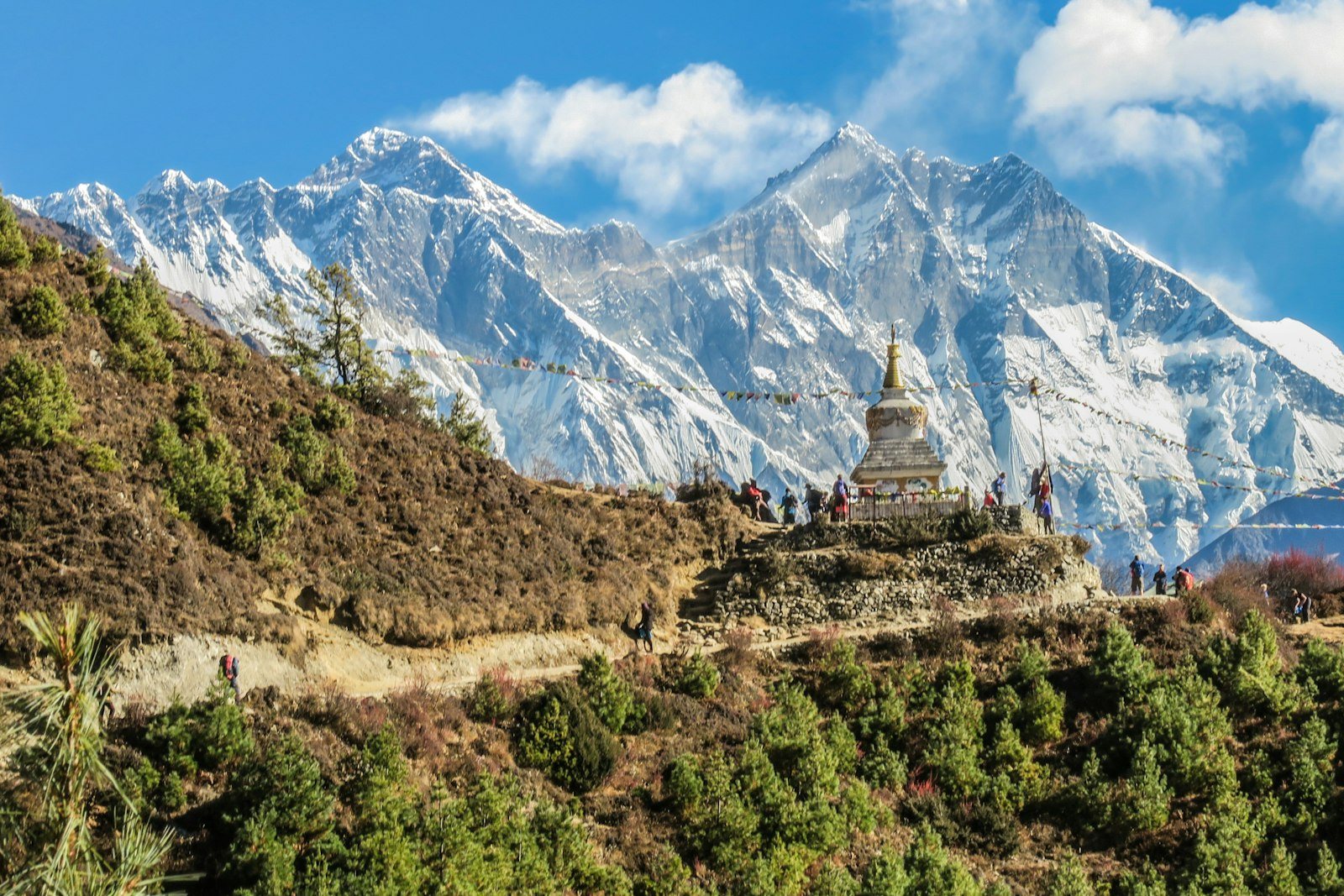Vibrant Buddhist prayer flags fluttering over glaciated mountain pass in Ladakh