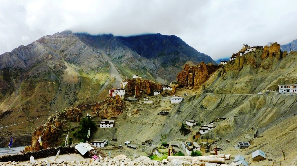 Dhankar Monastery hanging precipitously over a cliff above the river confluence in Spiti