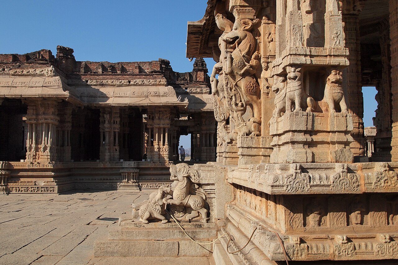 Intricate carved granite musical pillars of the Vijaya Vitthala Temple in Hampi