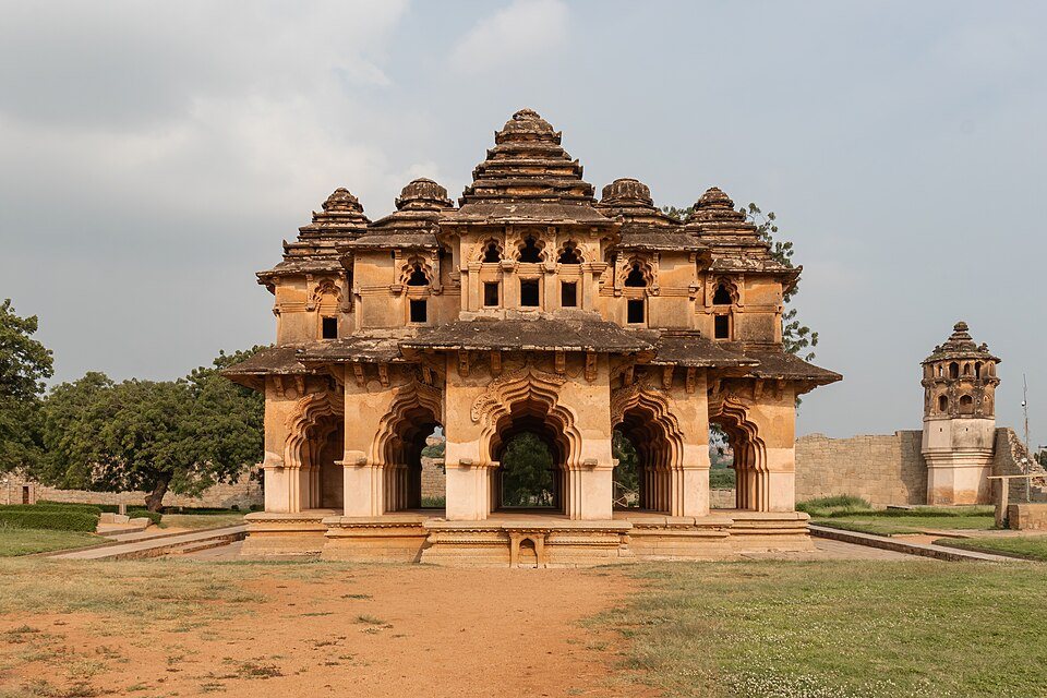 Lotus Mahal ornate architectural pavilion at Hampi Vijayanagara ruins
